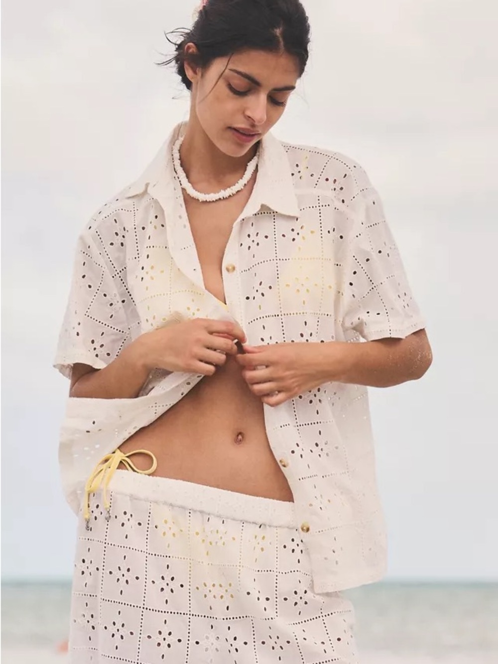 Eyelet Crush Short Sleeve Button-Down Shirt